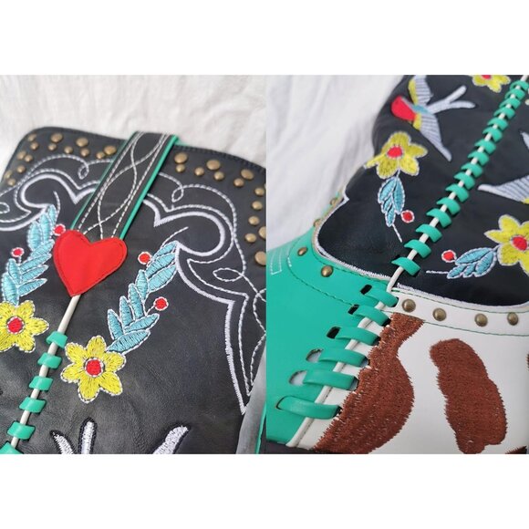 Western Cowboy Boots Women Colorful Embroidered Black Turquoise Red Yellow - Picture 5 of 7